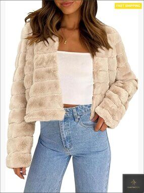 Faux Fur Cropped Jacket Fluffy Collarless Winter Warm Short Coat